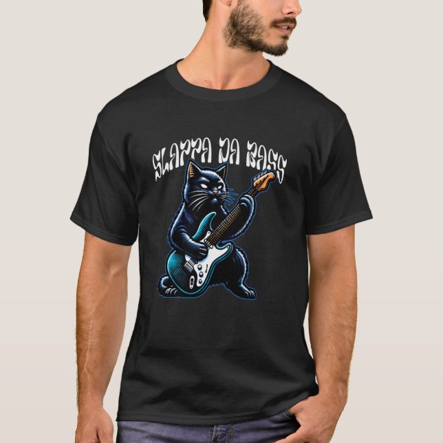 Camiseta Gato Slappa Da Bass Tocando Baixo Rock e Ro (Frente)