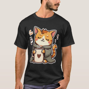 Camiseta Gato Sonolento e Aconchegante Com Caneca de Café