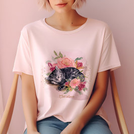 Camiseta Gato Sonolento E Flores Rosa