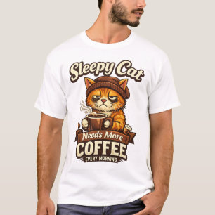 Camiseta Gato Sonolento Precisa de Mais Café Todas as Manhã