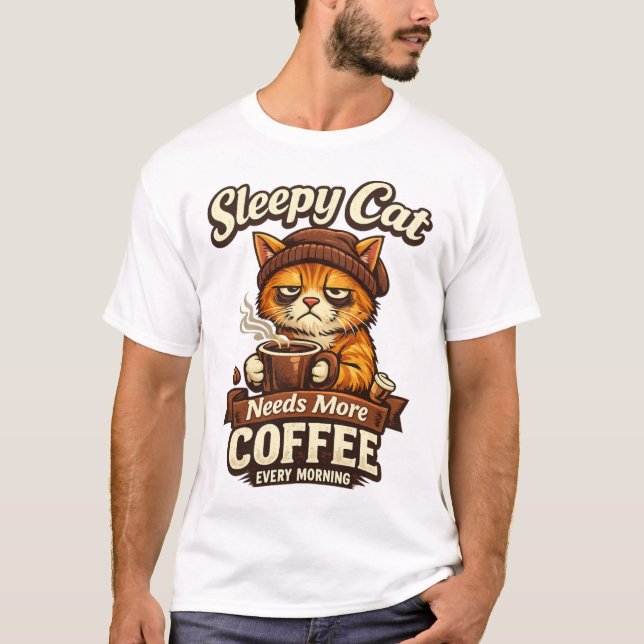 Camiseta Gato Sonolento Precisa de Mais Café Todas as Manhã (Frente)