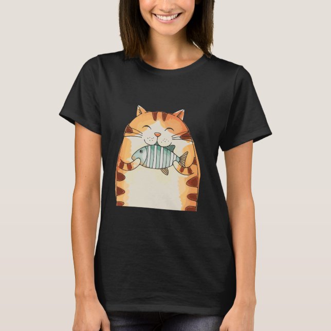 Camiseta Gato Sorridente Abraçando Peixe Diversão (Frente)