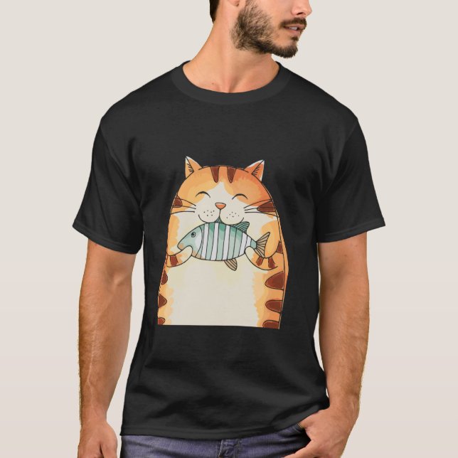 Camiseta Gato Sorridente Abraçando Peixe Diversão (Frente)