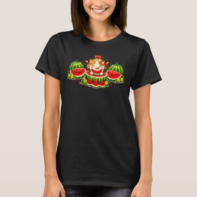 Camiseta Gato Sorridente Fofo Com Melancia (Frente)