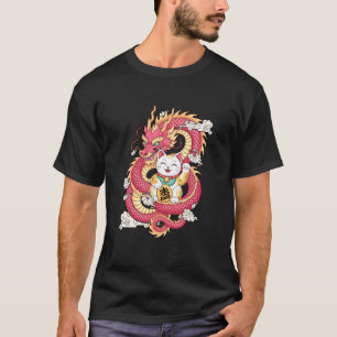 Camiseta Gato Sortudo e Dragão Símbolo da Fortuna Oriental