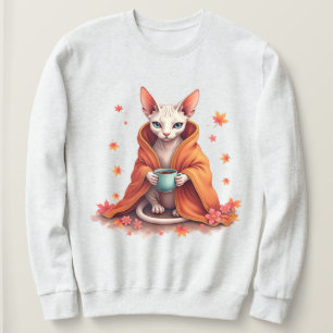 Camiseta Gato Sphynx Aconchegante Envolvido em Cobertor com