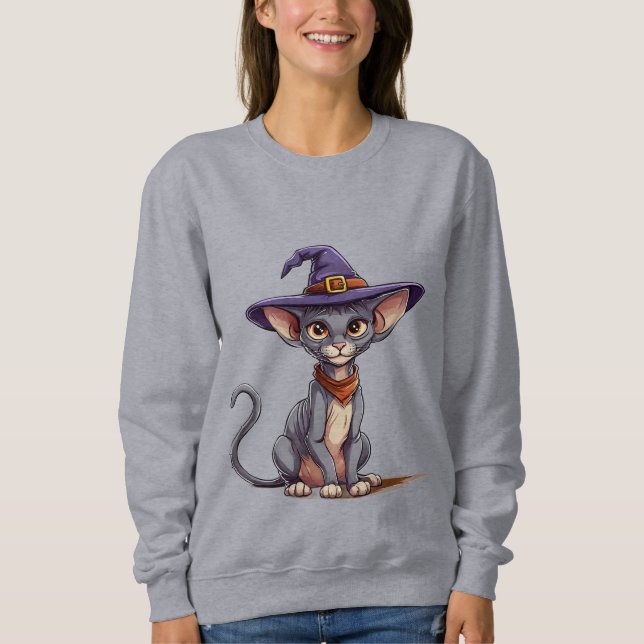 Camiseta Gato Sphynx Adorável com Chapéu de Bruxa (Frente)