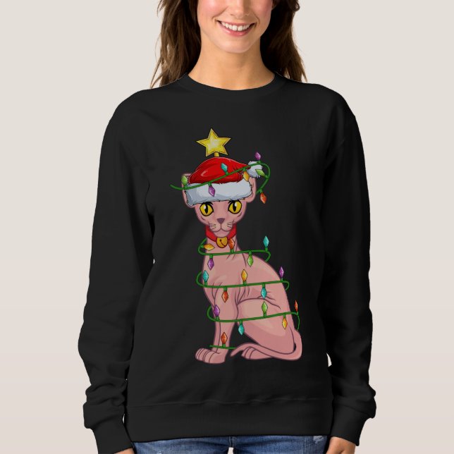 Camiseta Gato Sphynx Cat Lighting Xmas Tree Matando Sphynx  (Frente)