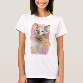 Camiseta Gato Sphynx em flores.
