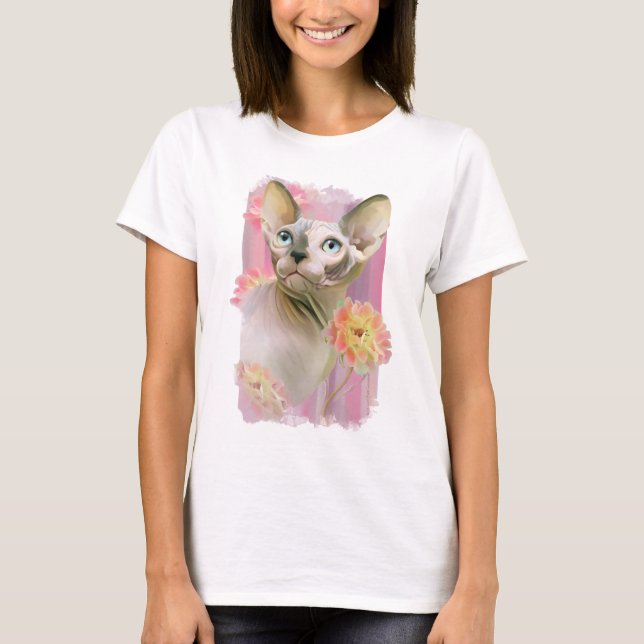 Camiseta Gato Sphynx em flores. (Frente)