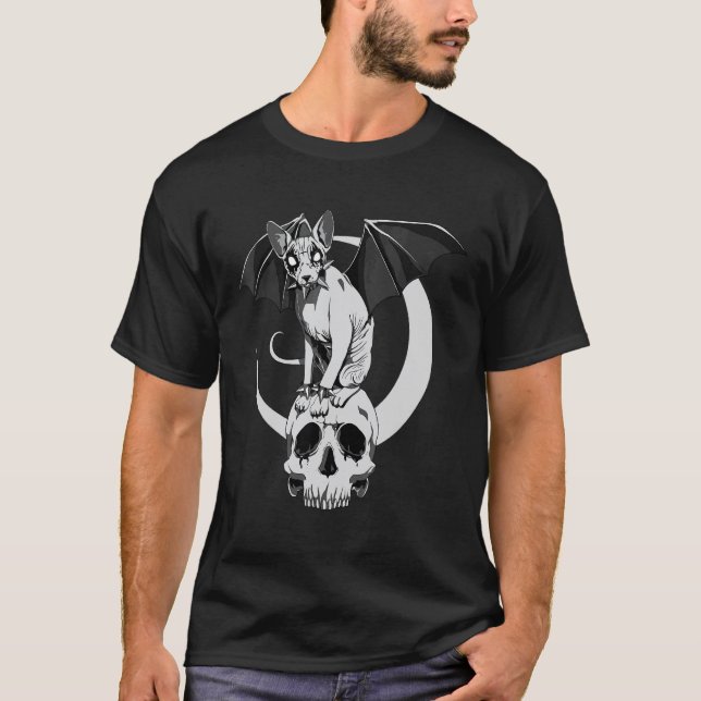 Camiseta Gato Sphynx Gótico Morcego Wicca Goth Crânio Malva (Frente)