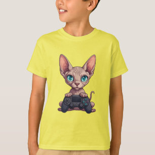 Camiseta Gato Sphynx Segurando Controle de Jogo