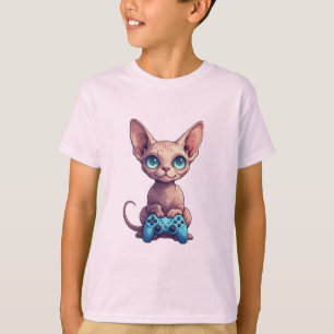 Camiseta Gato Sphynx Segurando Controle de Jogo