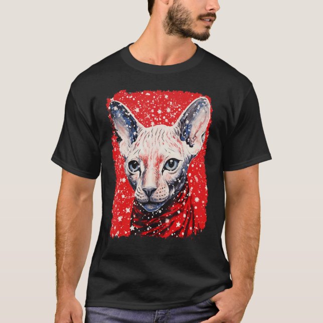 Camiseta Gato Sphynx Sem Pelo Vermelho Pop Art Natal (Frente)