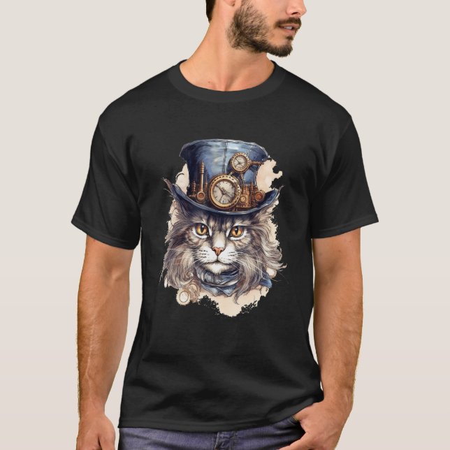 Camiseta Gato Steampunk Com Fantasia De Design Gato Com Hat (Frente)