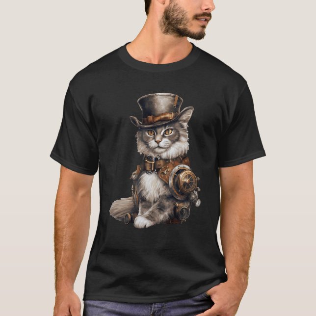 Camiseta Gato Steampunk Com Fantasia De Design Gato Com Hat (Frente)