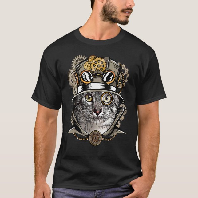 Camiseta Gato Steampunk Medieval Vitoriano Gótico Steampunk (Frente)