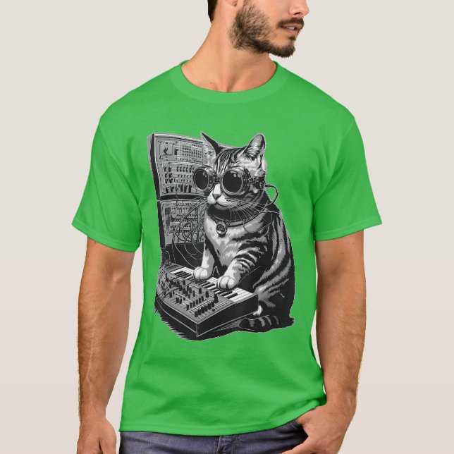 Camiseta Gato Steampunk tocando Kit de Sintetizador Synth K (Frente)