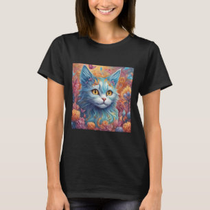 Camiseta Gato Super Elegante Com Vinheta Colorida De Flores