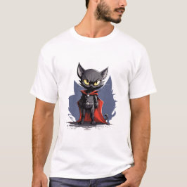 Camiseta Gato Super-Herói Preto com Cape Vermelho