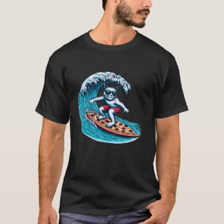 Camiseta Gato Surfando em Pizza Gráfico Divertido para Gato