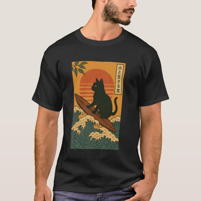 Camiseta Gato Surfando Japonês (Frente)