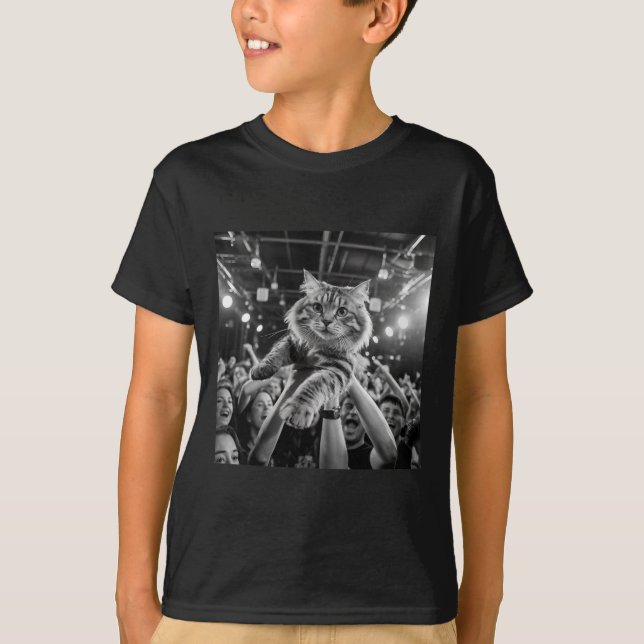 Camiseta Gato Surfando na Multidão Engraçado Meme de Show d (Frente)