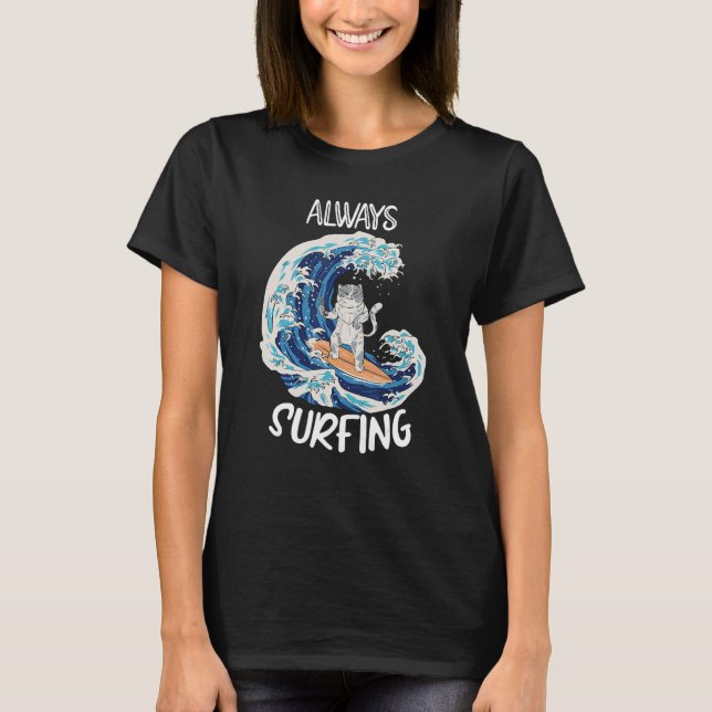 Camiseta Gato Surfando Prancha de Surf Surfista (Frente)
