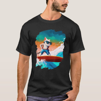 Camiseta Gato Surfando Surfista Montando Onda Oceano Artíst