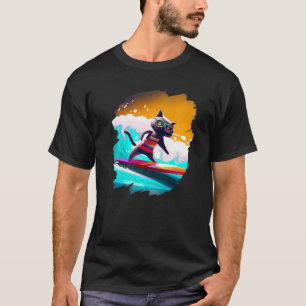 Camiseta Gato Surfando Surfista Montando Onda Oceano Artíst