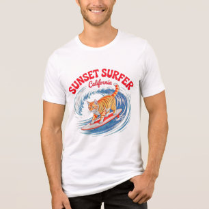 Camiseta Gato Surfista de Verão - Presente Retro do Pôr do