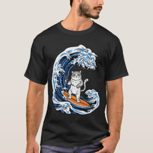 Camiseta Gato Surfista em Onda Azul Épica – Oceano de Desen