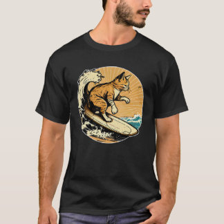 Camiseta Gato Surfista Retro Vintage Pôr do Sol Praia Verão