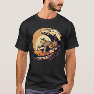 Camiseta Gato Surfista Retro Vintage Pôr do Sol Praia Verão