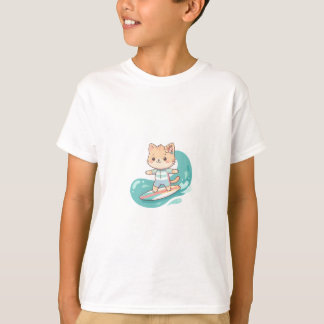 Camiseta Gato Surfista Tropical Montado na Onda Crianças