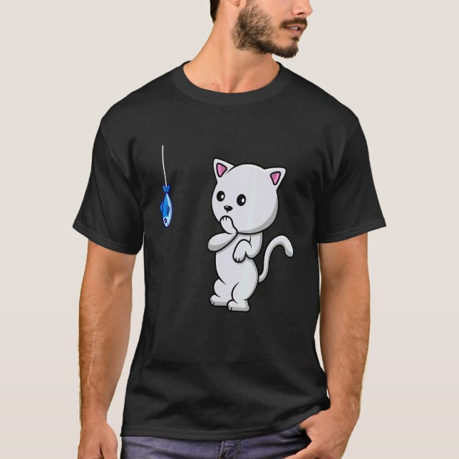 Camiseta Gato Surpreso Vendo Um Peixe E Tentando Comer (Frente)