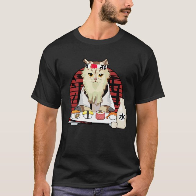 Camiseta Gato Sushi japonês cereja floresce kawaii (Frente)