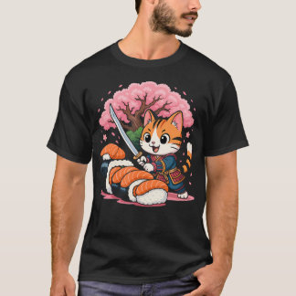 Camiseta Gato Sushi Samurai Kawaii Comida Japonesa Divertid
