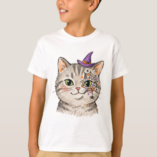 Camiseta Gato Tabby Cinza Fofo de Halloween com Pintura Fac