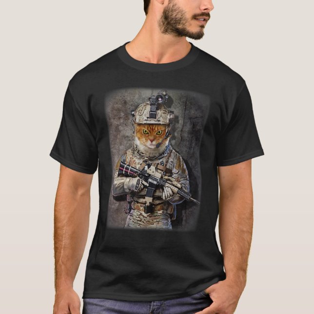 Camiseta Gato Tabby como Comando do Exército com Equipament (Frente)