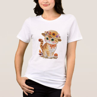Camiseta Gato Tabby Cottagecore com Folhas de Outono