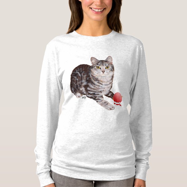 Camiseta Gato Tabby de Natal com Enfeite (Frente)