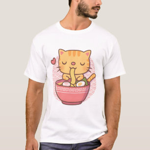 Camiseta Gato Tabby Fofo Comendo Macarrão Ramen Ondas Fund
