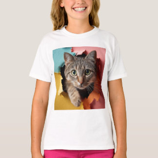 Camiseta Gato Tabby Jovial Espiando Através de Papel Rasgad
