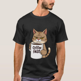 Camiseta Gato Tabby Mal-Humorado Engraçado Café Primeiro da