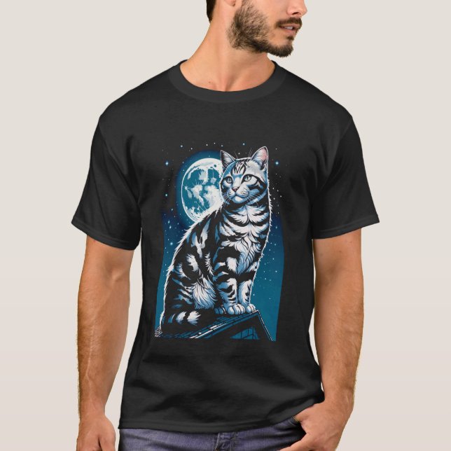 Camiseta Gato Tabby Místico No Telhado Lua Cheia American S (Frente)