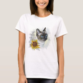 Camiseta Gato tailandês engraçado desenhando mão com flores