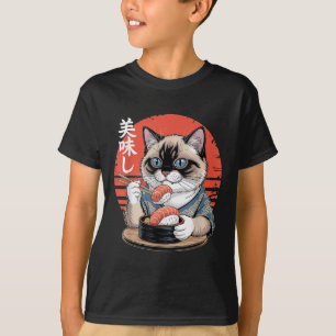 Camiseta Gato Tailandês Japonês Comendo Sushi Kawaii Anime