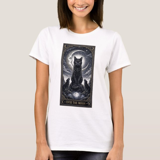 Camiseta Gato Tarot Carta da Lua Halloween Místico (Frente)