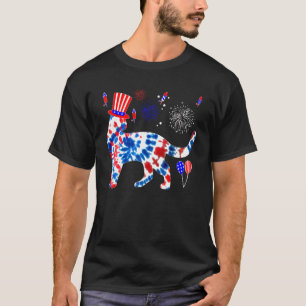Camiseta Gato Tie Dye Fogos de Artifício 4 de Julho Bandeir